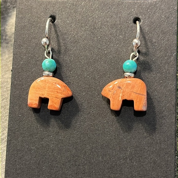 Jewelry - Sterling Zuni Bear Red Jasper & Turquoise Earrings